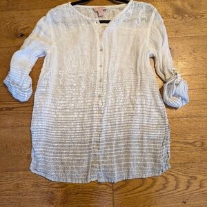 St. Tropez West 100 % Linen Striped Blouse White Gray Button Front Women's Large